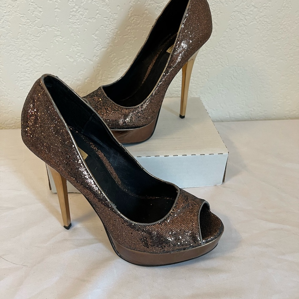 PROMISE HIGH‎ PLATFORM 5.5” STILETTO Heels  SIZE 8.5 Gold Glitter EUC Peep Toe